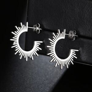 Silver Stainless Steel Sun‎ C-shape Earrings